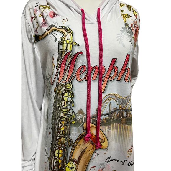 Sweet Gisele "Memphis" Rhinestone Double Sided LS White Hoodie  (Fits Like XL) - Picture 4 of 4